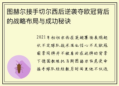 图赫尔接手切尔西后逆袭夺欧冠背后的战略布局与成功秘诀 图赫尔接手切尔西后逆袭夺欧冠背后的战略布局与成功秘诀