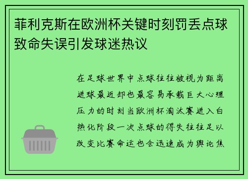 菲利克斯在欧洲杯关键时刻罚丢点球致命失误引发球迷热议 菲利克斯在欧洲杯关键时刻罚丢点球致命失误引发球迷热议